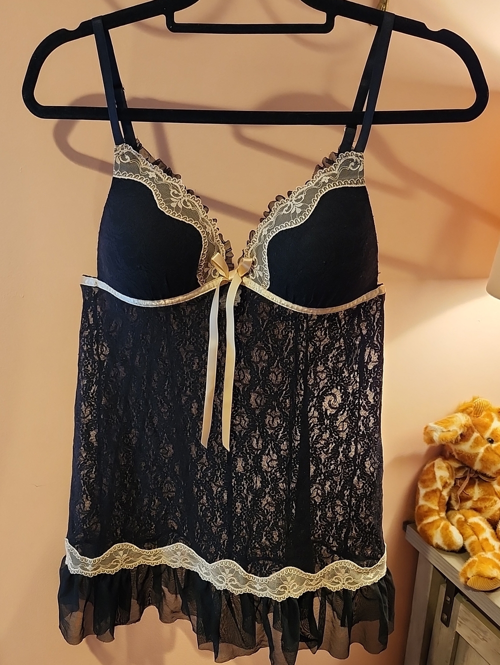 Linea Donatella Black Lace Chemise with Ivory Trim